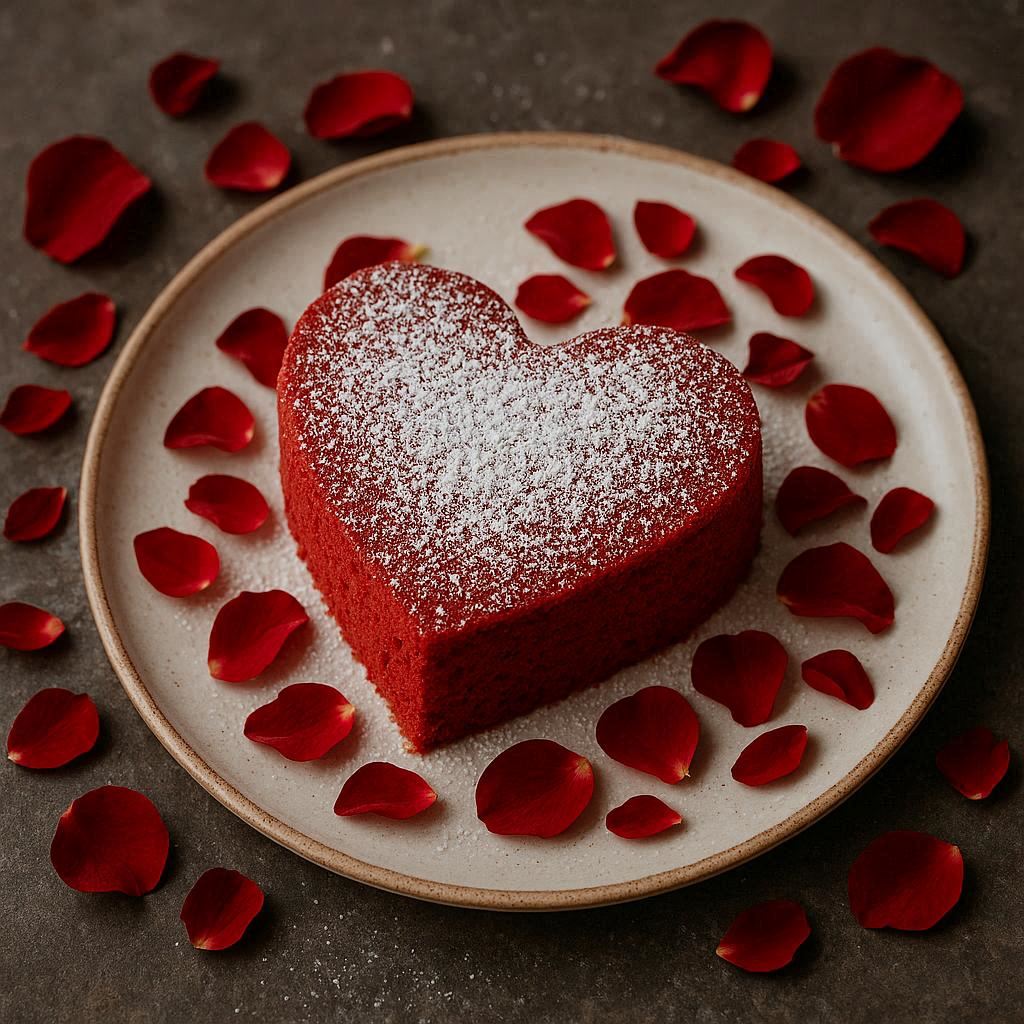 A beautifully plated red velvet cake shaped subtly like a heart, powdered sugar dusting, rose petals scattered around, gourmet food photography style.