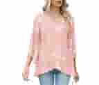 LOMON Womens 3/4 Length Sleeve Top Elegant V Neck Tunic Dressy Casual Chiffon Shirts Lightweight Holiday Blouse (Light Pink Floral, 2XL)