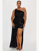 Plus Size Asymmetrical Embellished Sleeveless Sequin One Shoulder, Charlotte Gown In Black, Size 2X, | Fashion Nova