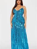 Plus Size Embellished Sleeveless Sequin V-Neck, Celine Gown In Aqua, Size 3X, For Prom & Homecoming | Fashion Nova