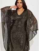 Plus Size Draped Embellished Long Sleeve Sequin V-Neck, Rachel Maxi Dress In Black, Size 1X, | Fashion Nova