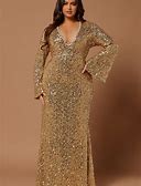 Plus Size Bell Sleeve Long Sleeve Sequin V-Neck, Emma Gown In Gold, Size 1X, For Red Carpet Or Wedding Guest | Fashion Nova